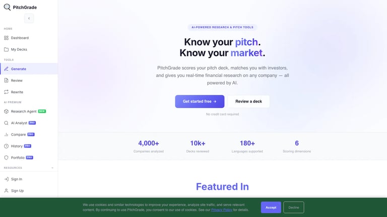 PitchGrade website homepage screenshot