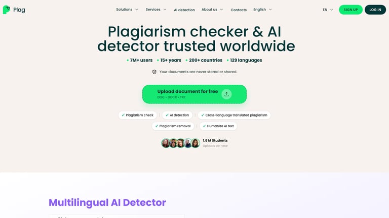 Plag website homepage screenshot