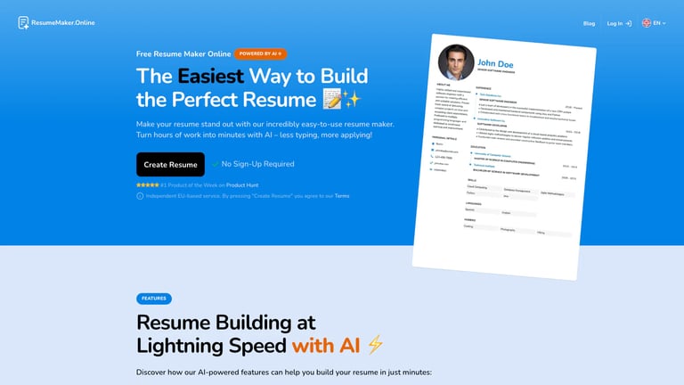 ResumeMaker.Online website homepage screenshot