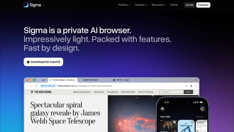Sigma Browser website homepage screenshot