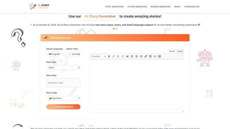 AI Story Generator website homepage screenshot
