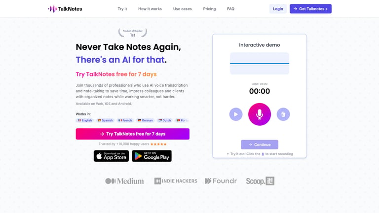 Talknotes website homepage screenshot