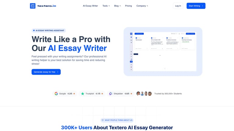 Textero website homepage screenshot
