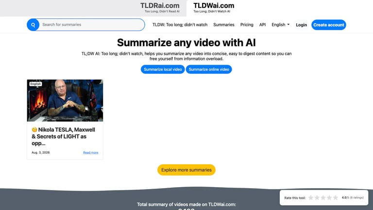 TL;DW AI website homepage screenshot