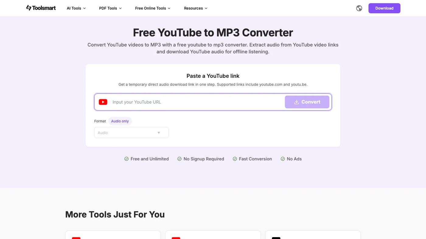 Toolsmart YouTube to MP3 Converter website homepage screenshot