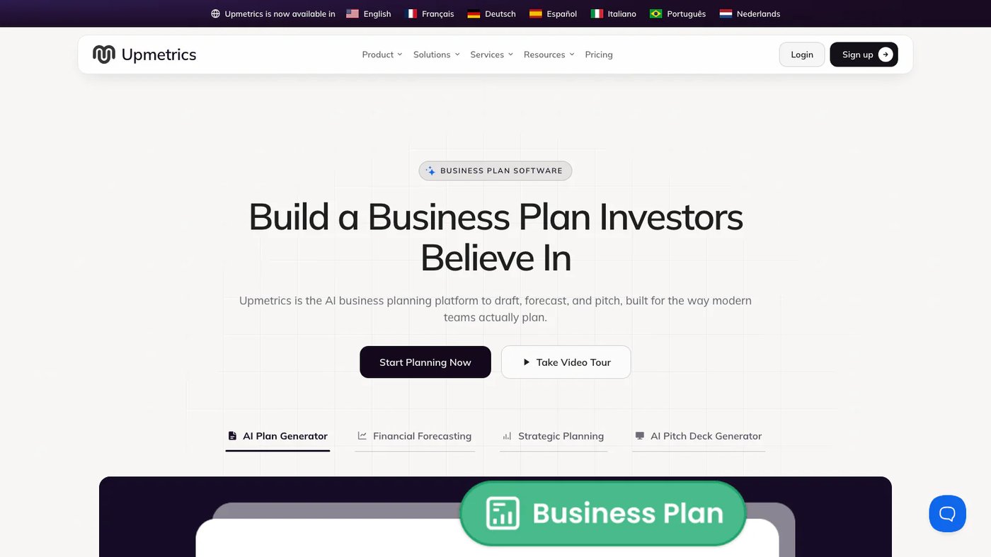 Upmetrics website homepage screenshot