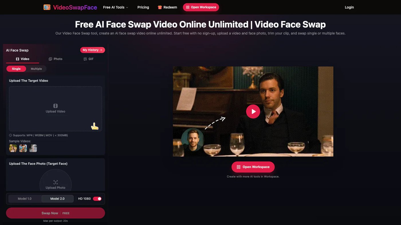 VideoFaceSwap AI website homepage screenshot