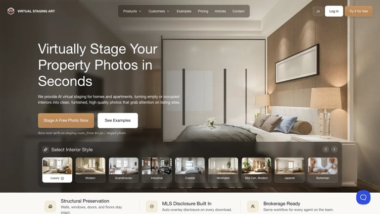 Virtual Staging Art website homepage screenshot