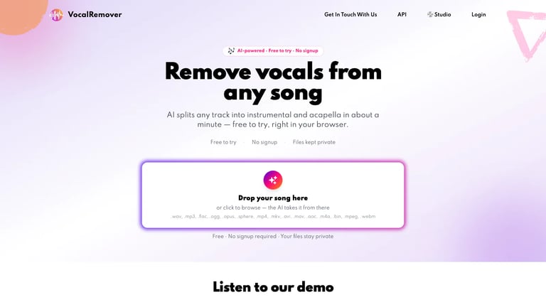 VocalRemover website homepage screenshot