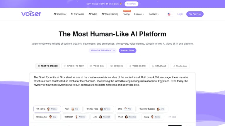 Voiser AI website homepage screenshot