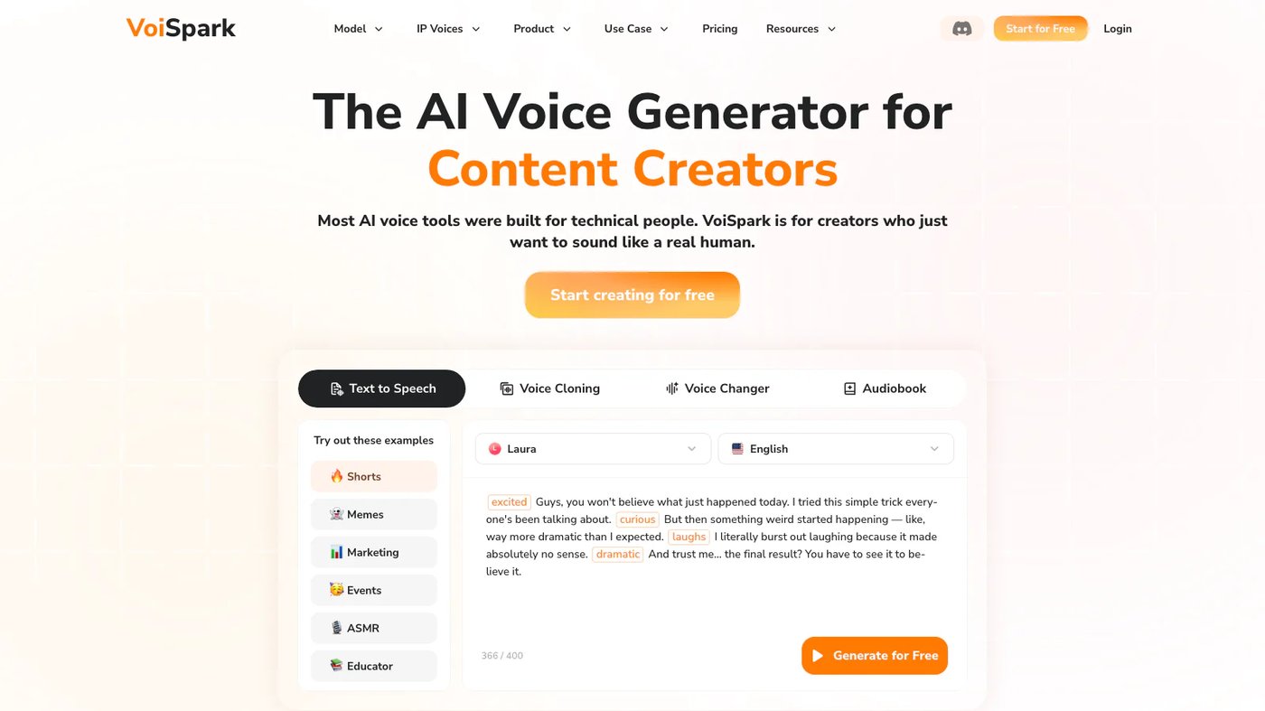 VoiSpark website homepage screenshot