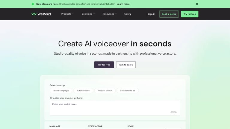 WellSaid website homepage screenshot