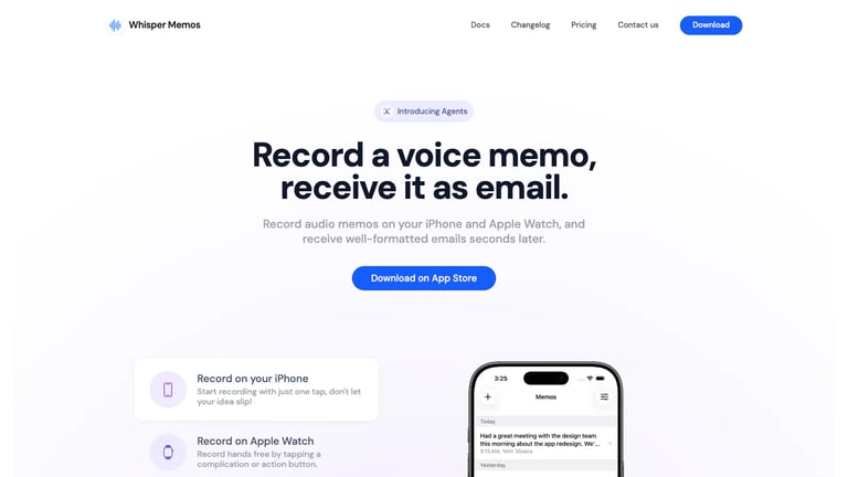 Whisper Memos website homepage screenshot