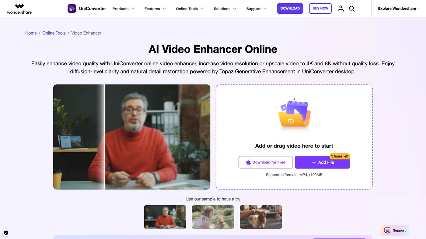 Wondershare UniConverter AI Video Enhancer website homepage screenshot