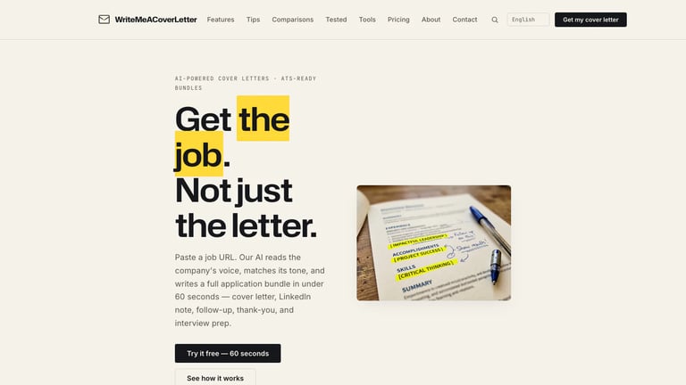 Write Me A Cover Letter website homepage screenshot